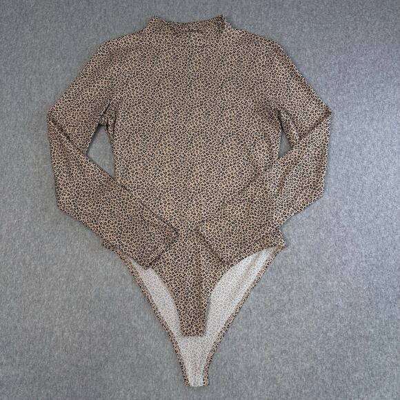 Gaze Leopard Print Bodysuit Womens Small Tan/Black Mock Neck Long Sleeves Snap - Picture 3 of 7